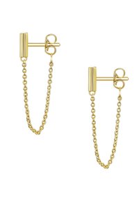 Aukso spalvos pakabukai, turintys vertikalų cilindro viršų ir sujungtą grandinės dizainą, atskleidžiantys blizgų paviršių ir lygų tekstūrą.