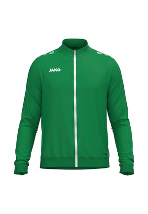 Zielona sportowa kurtka na suwak z długimi rękawami, białe logo "JAKO" na piersi i małe białe loga na ramionach, prezentowana na białym tle.