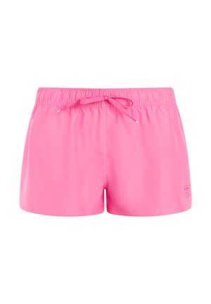 Rausvos spalvos elastiniu liemeniu pasiūti šortai su raišteliu ir mažyliu logotipu apatiniame dešiniajame šone, skirti kasdieniam dėvėjimui.