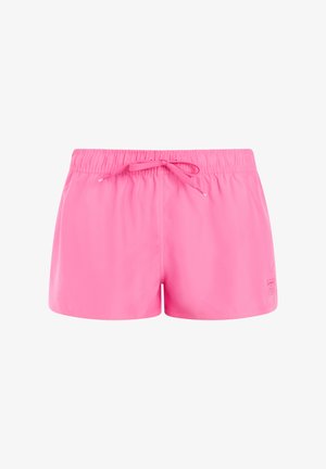 Rausvos spalvos elastiniu liemeniu pasiūti šortai su raišteliu ir mažyliu logotipu apatiniame dešiniajame šone, skirti kasdieniam dėvėjimui.