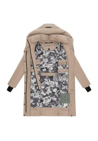Parka beige isolato con fodera a motivo floreale, tasche con zip e polsini a costine. Caratterizzato da cappuccio e chiusura con bottoni a pressione.