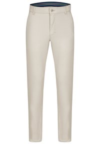 Beige trousers with a straight-leg design, featuring a button closure and a striped inner waistband for added detail. Made of smooth fabric.