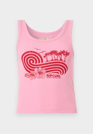 Roosa soonikkoeristusega topp, millel on punane lainete, palmipuude, lillede, lindude ja "RIP CURL" logoga graafika ning tekst "Heritage Surf Brand Since 1969."