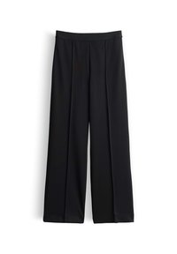 Pantalons larges noirs avec une texture lisse, dotés d'un devant plissé et d'une taille haute, offrant une coupe décontractée et confortable.