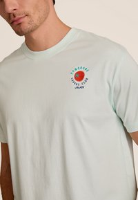 Licht mintgroene katoenen t-shirt met korte mouwen, een ronde hals en een geborduurd logo met een tomaatontwerp op de borst.