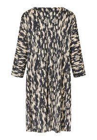 Robe midi noire et beige à manches longues avec un motif abstrait de coups de pinceau et un col rond.
