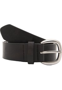 Cintura in pelle nera con texture liscia, con fibbia in metallo argentato e design classico. Estremità curva e fori di regolazione della taglia.