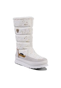 Weiße gesteppte Stiefel mit goldenen Sprenkeln, weichem Kunstfellkragen, hellgrauen Wildlederakzenten und einer weißen Gummisohle. Entworfen für kaltes Wetter.