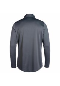 Langärmliges Poloshirt in Dunkelgrau, aus glattem, leichtem Stoff mit einer dezenten Textur und einem klassischen Kragendesign.
