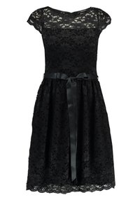 Robe en dentelle noire à manches courtes, avec une ceinture à la taille et un ourlet festonné. Motif floral texturé sur toute la surface.