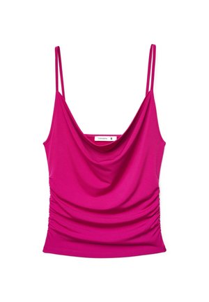 Top fucsia senza maniche con spalline sottili, scollo drappeggiato e lati arricciati, taglia piccola, isolato su sfondo bianco.