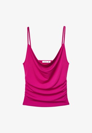 Top fucsia senza maniche con spalline sottili, scollo drappeggiato e lati arricciati, taglia piccola, isolato su sfondo bianco.