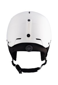 Valkoinen hiihtokypärä, jossa on sileä kuori, musta vuoraus, säädettävä leuan hihna, ilmanvaihtoaukot ja integroitu äänijärjestelmä takana.