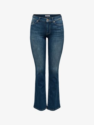 Donkerblauwe flared jeans van denim. Voorzien van een rits, een knoopsluiting en voor- en achterzakken. Klassiek ontwerp met vijf zakken.