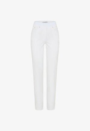 Pantalon blanc pour femmes, coupe slim, avec poches avant, passants de ceinture et taille mi-haute.