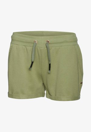 Olijfgroene korte broek van zachte stof, met een elastische tailleband met twee trekkoordjes en opgerolde mouwen. Geen zichtbare patronen of zakken.