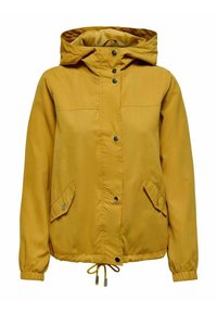 Žlutá kapucňová bunda vyrobená z měkké tkaniny, která má patentky, boční kapsy, elastické manžety a stahovací šňůrku v dolní části.