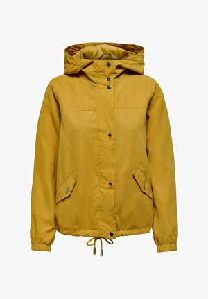 Żółta kurtka z kapturem, wykonana z miękkiego materiału, z zatrzaskami, bocznymi kieszeniami, elastycznymi mankietami oraz sznurkiem przy dolnym wykończeniu.