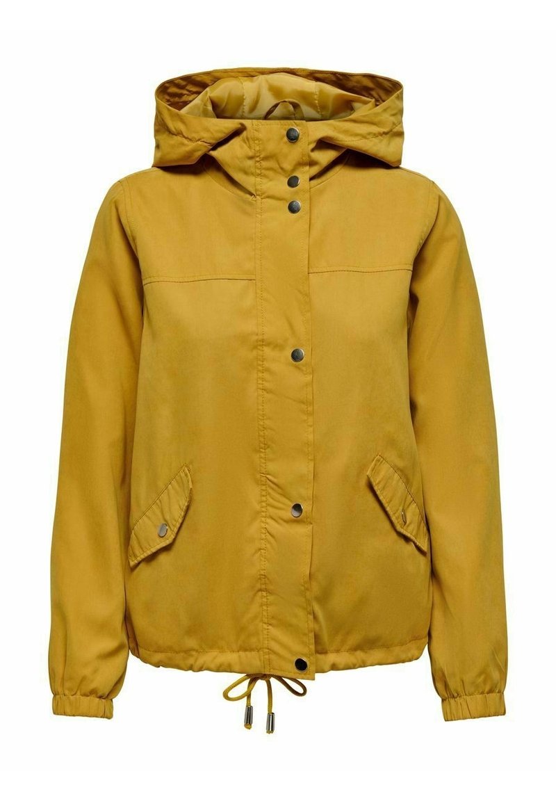 Žlutá kapucňová bunda vyrobená z měkké tkaniny, která má patentky, boční kapsy, elastické manžety a stahovací šňůrku v dolní části.
