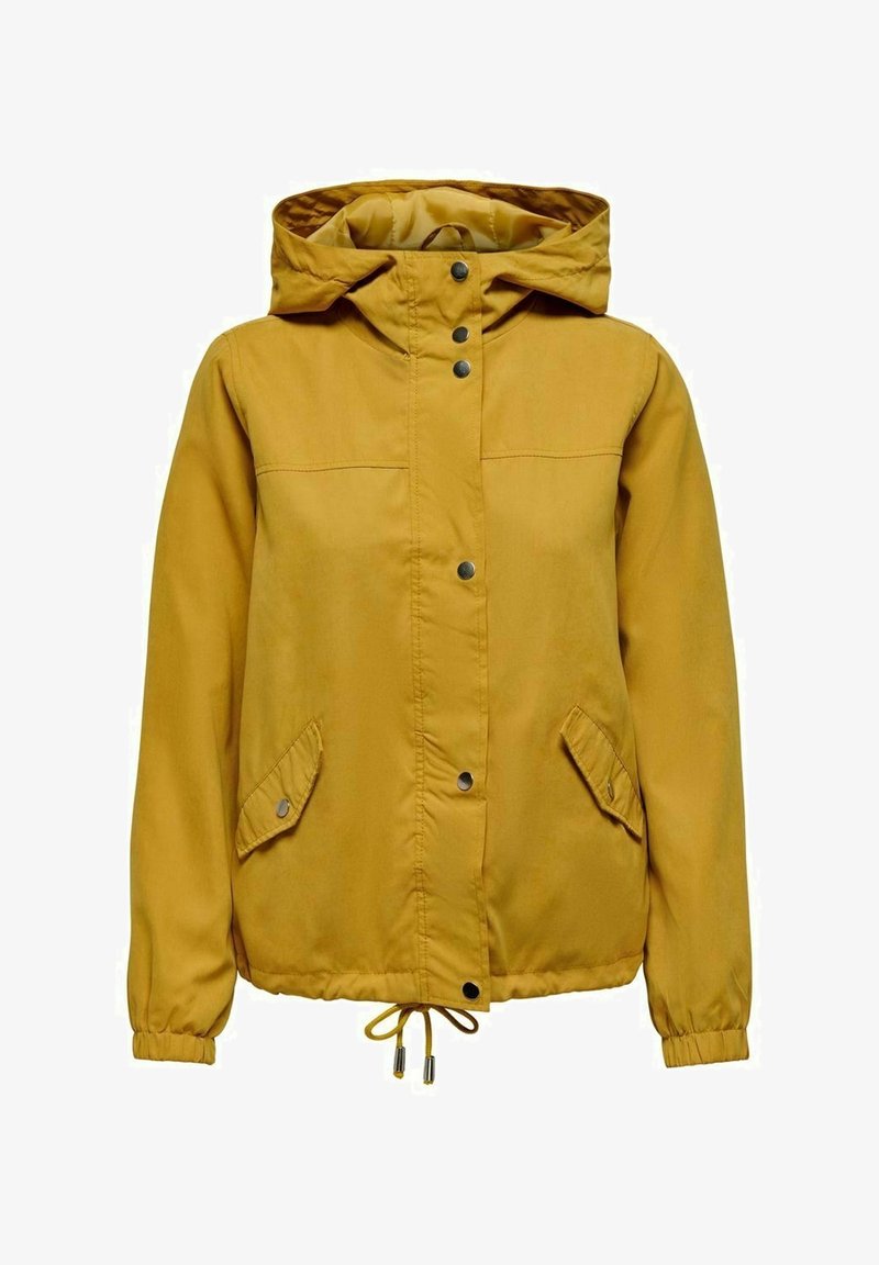 Žlutá kapucňová bunda vyrobená z měkké tkaniny, která má patentky, boční kapsy, elastické manžety a stahovací šňůrku v dolní části.