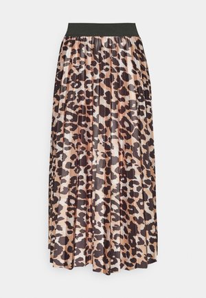 Gonna plissettata con motivo leopardato, dotata di una vita elastica nera. I colori includono pesca, crema, marrone e marrone scuro.