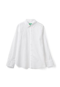 Camicia bianca a maniche lunghe in cotone, con chiusura frontale a bottoni, colletto a punta e orlo dritto. Tessuto liscio con dettagli minimi.