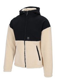 Hoodie mit der schwarzen oberen Hälfte und der beige Fleeceunterhälfte. Verfügt über einen Reißverschluss, zwei Seitentaschen und ein kleines Markenlabel auf der Brust.