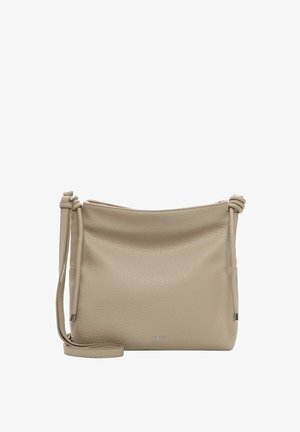 Beige leather crossbody bag with a textured surface, zip closure, and adjustable strap. Features subtle branding on the front.