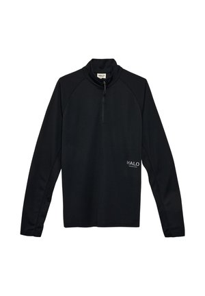 Zwarte, langärmige pullover gemaakt van textuurstof, met een kwart-rits kraag en het "HALO" logo op de borst.