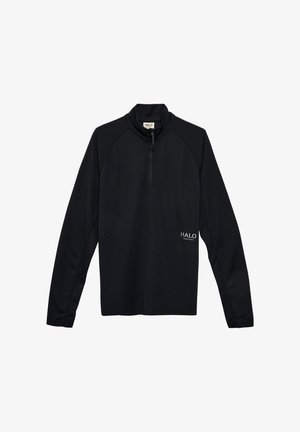 Zwarte, langärmige pullover gemaakt van textuurstof, met een kwart-rits kraag en het "HALO" logo op de borst.
