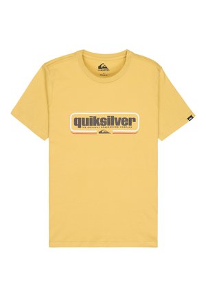Yellow short-sleeve t-shirt with "quiksilver" logo and text "The Original Boardriding Company" centered on the front.