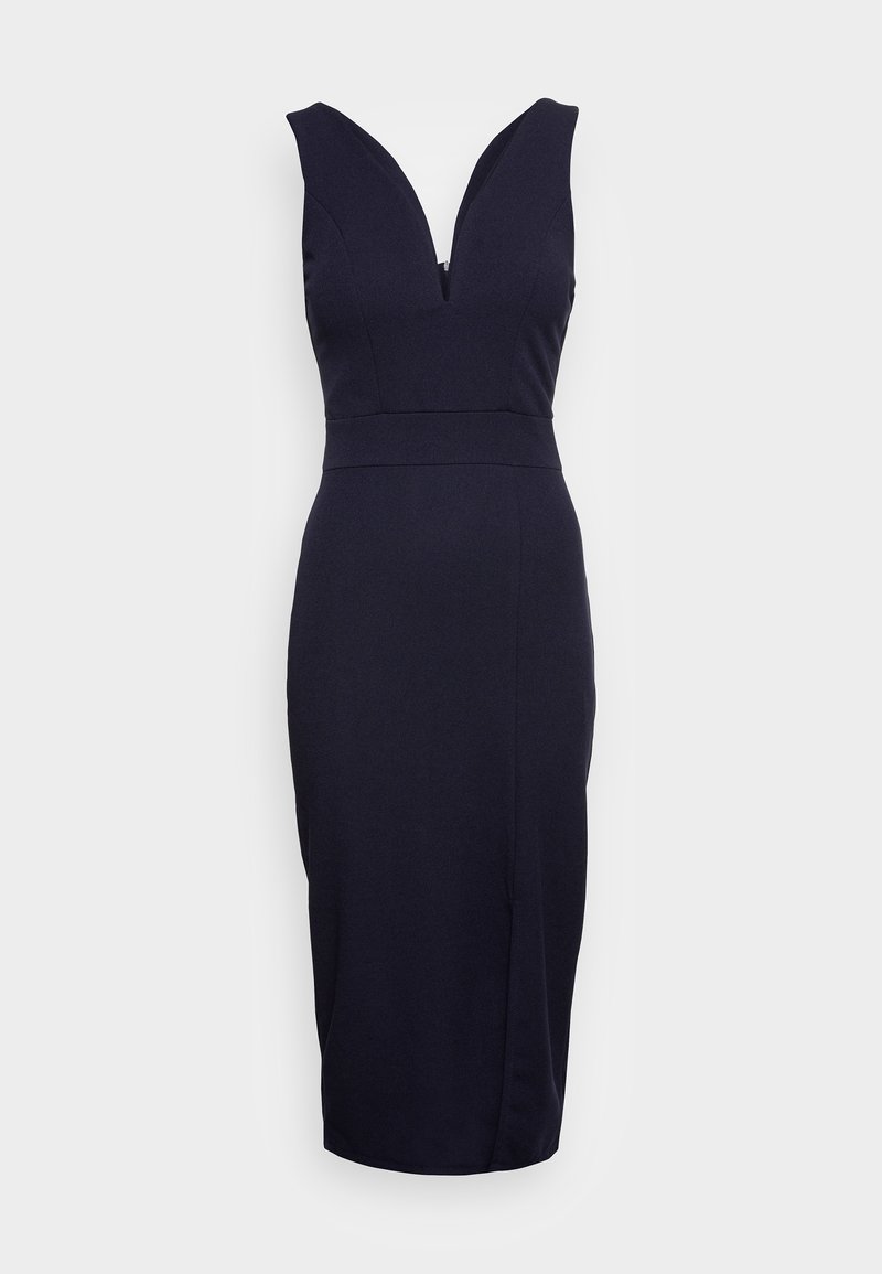 Robe midi ajustée sans manches bleu marine avec un décolleté en V profond et un détail de couture à la taille sur un fond uni clair.