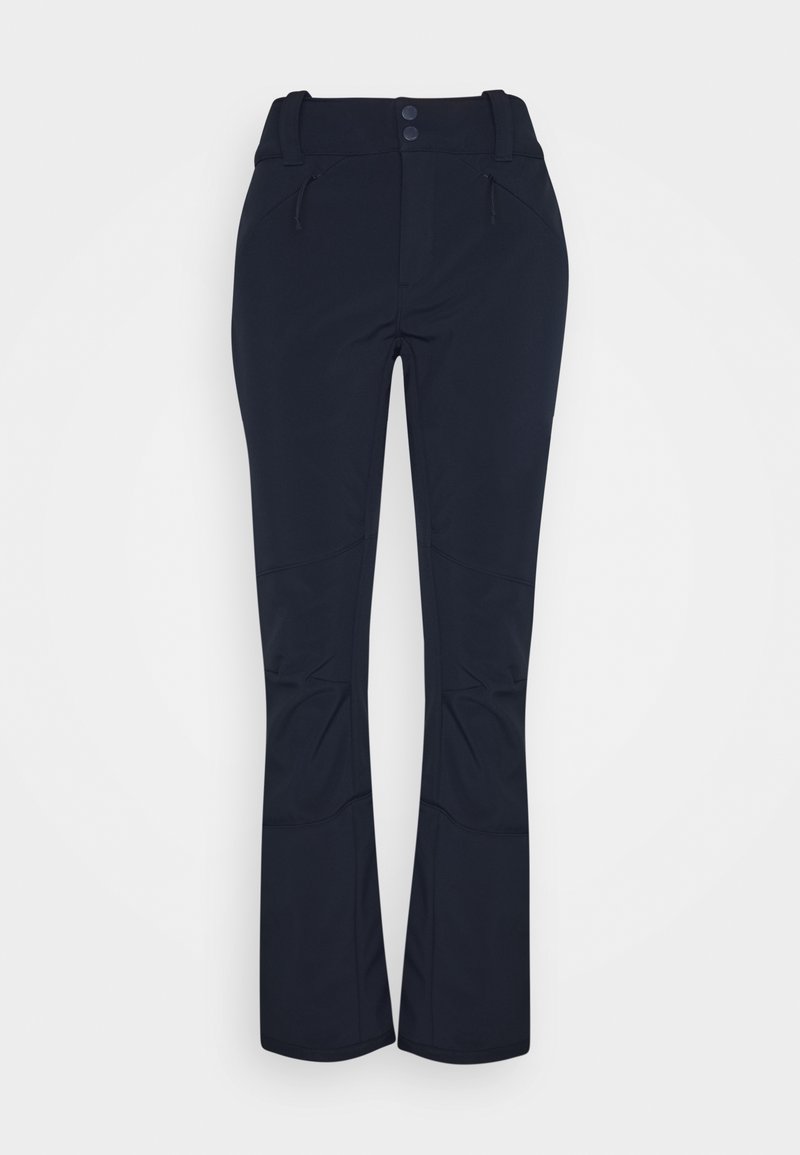 Navy blue athletic pants with two buttons at the waist, drawstring, and zippered pockets; smooth, stretchy fabric with knee seams.