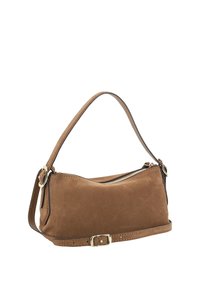Brown suede handbag with a rounded shape, a detachable strap, and a gold zipper closure. Features a flat base and stitched accents.