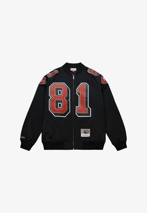 Black bomber jacket with red and white numeric 81 on front and sleeves. Features a zip closure and ribbed cuffs and hem. Woven label on lower side.