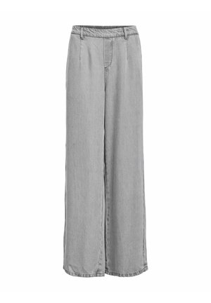 Pantalon large gris clair avec ceinture élastique et passants pour ceinture, présentant des coutures à l'avant et à l'arrière pour la forme.