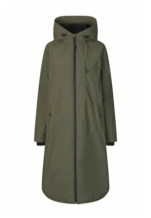 Oliven grøn lang frakke med hætte, frontlynlås, to sidelommer og elastiske manchetter. Fremstillet af letvægts, vandafvisende materiale.