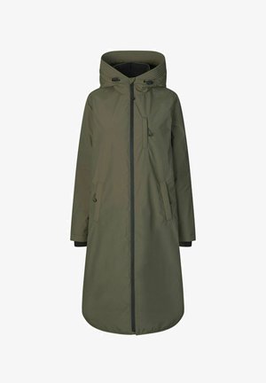 Oliwkowy długi płaszcz z kapturem, z zamkiem błyskawicznym z przodu, dwoma bocznymi kieszeniami i elastycznymi mankietami. Wykonany z lekkiego, wodoodpornego materiału.