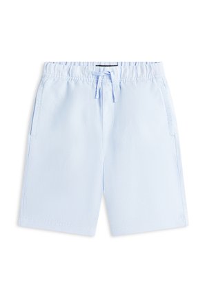 Svetlomodré krátke nohavice po kolená s elastickým pásom a predným sťahovacím šnúrkou, vybavené bočnými vreckami a jednoduchým čistým dizajnom.