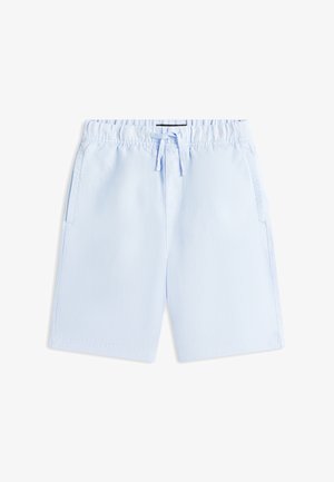 Svetlomodré krátke nohavice po kolená s elastickým pásom a predným sťahovacím šnúrkou, vybavené bočnými vreckami a jednoduchým čistým dizajnom.