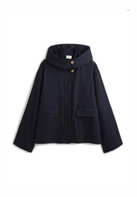 Marinejacke mit weitem Kapuzen, Druckknopfverschluss vorne und zwei großen Taschen. Aus einem glatten Stoff gefertigt und mit einer kastigen Silhouette.