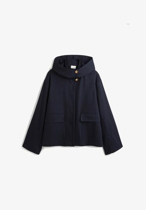 Marineblauwe jas met een brede capuchon, sluiting met drukknopen aan de voorkant en twee grote zakken. Gemaakt van een gladde stof, met een boxy silhouet.