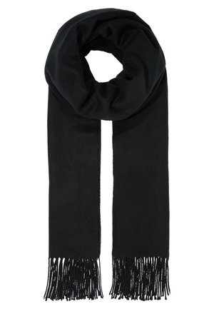 Bufanda de lana negra doblada en un lazo con flecos largos en ambos extremos, exhibida sobre un fondo blanco.