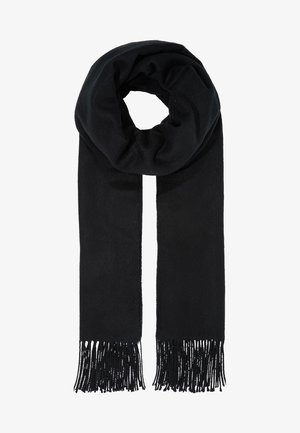 Bufanda de lana negra doblada en un lazo con flecos largos en ambos extremos, exhibida sobre un fondo blanco.