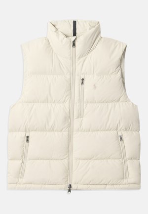 Puffer vest in gebroken wit, met een hoge kraag, vooraan een rits en twee zijzakken met ritsen. Licht gewatteerde textuur.