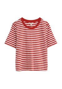 Camiseta de manga corta a rayas rojas y blancas con cuello redondo, hecha de suave tela de algodón y con rayas horizontales uniformes.