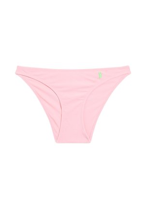 Bas de bikini rose avec une texture lisse, présentant une coupe basse et un petit accent de logo vert sur le côté gauche à l'avant.