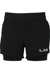 Zwarte sportshorts gemaakt van een glad, licht materiaal. Kenmerken een gelaagd ontwerp met een elastische tailleband en een witte logo-accent.