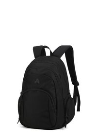 Zaino nero realizzato in tessuto resistente, dotato di spallacci imbottiti, molteplici scomparti con zip e un logo testurizzato sulla parte anteriore.