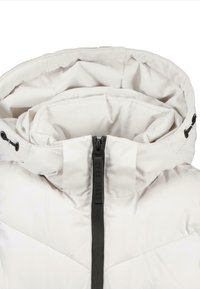 Lichtgrijze gewatteerde jas met een hoge kraag, zwarte ritssluiting met merknaam en verstelbare toggles op de capuchon. Soepele textuur en slank ontwerp.